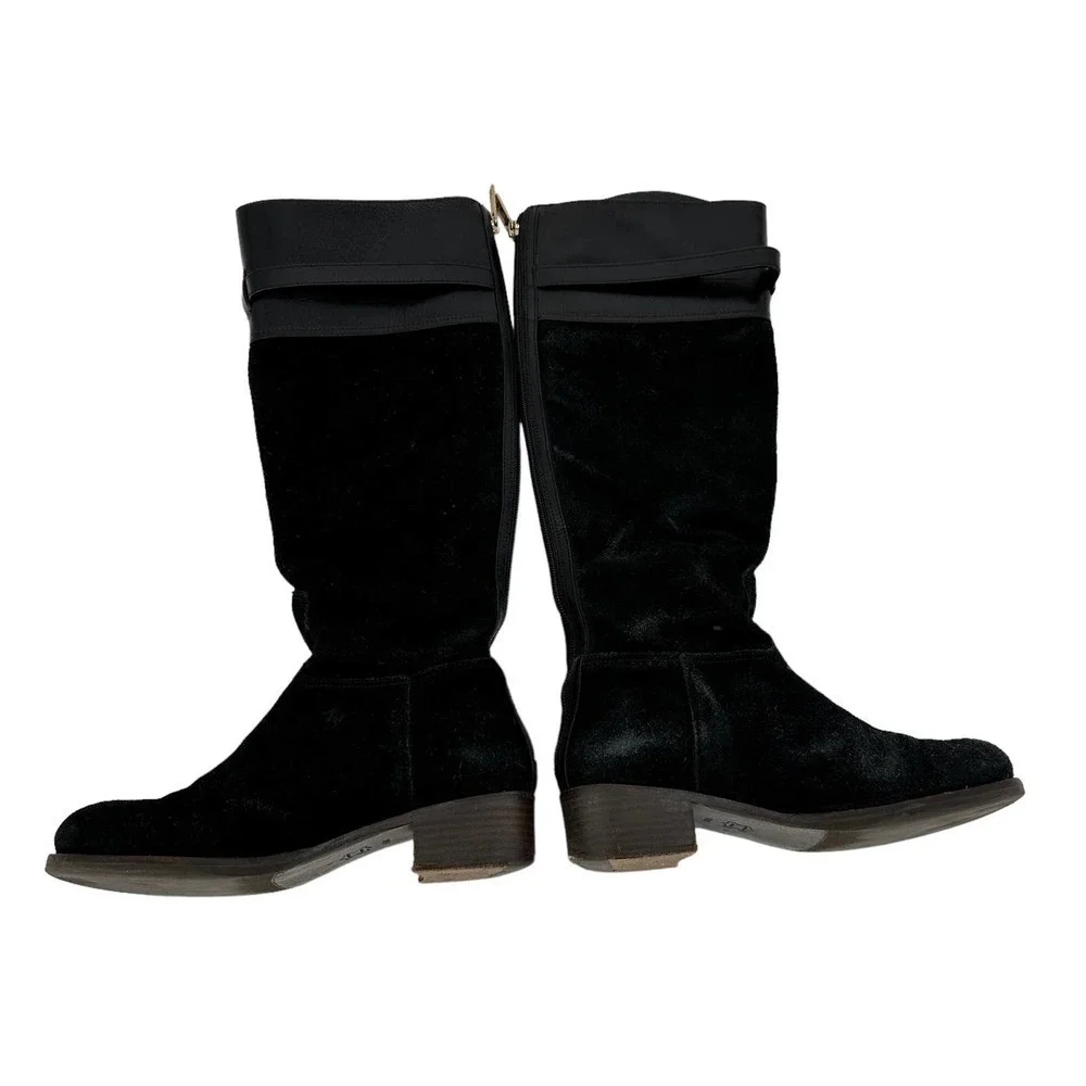 Tory Burch Womens Suede Leather Tall Riding Boot Round Toe Zipper Black Size 6